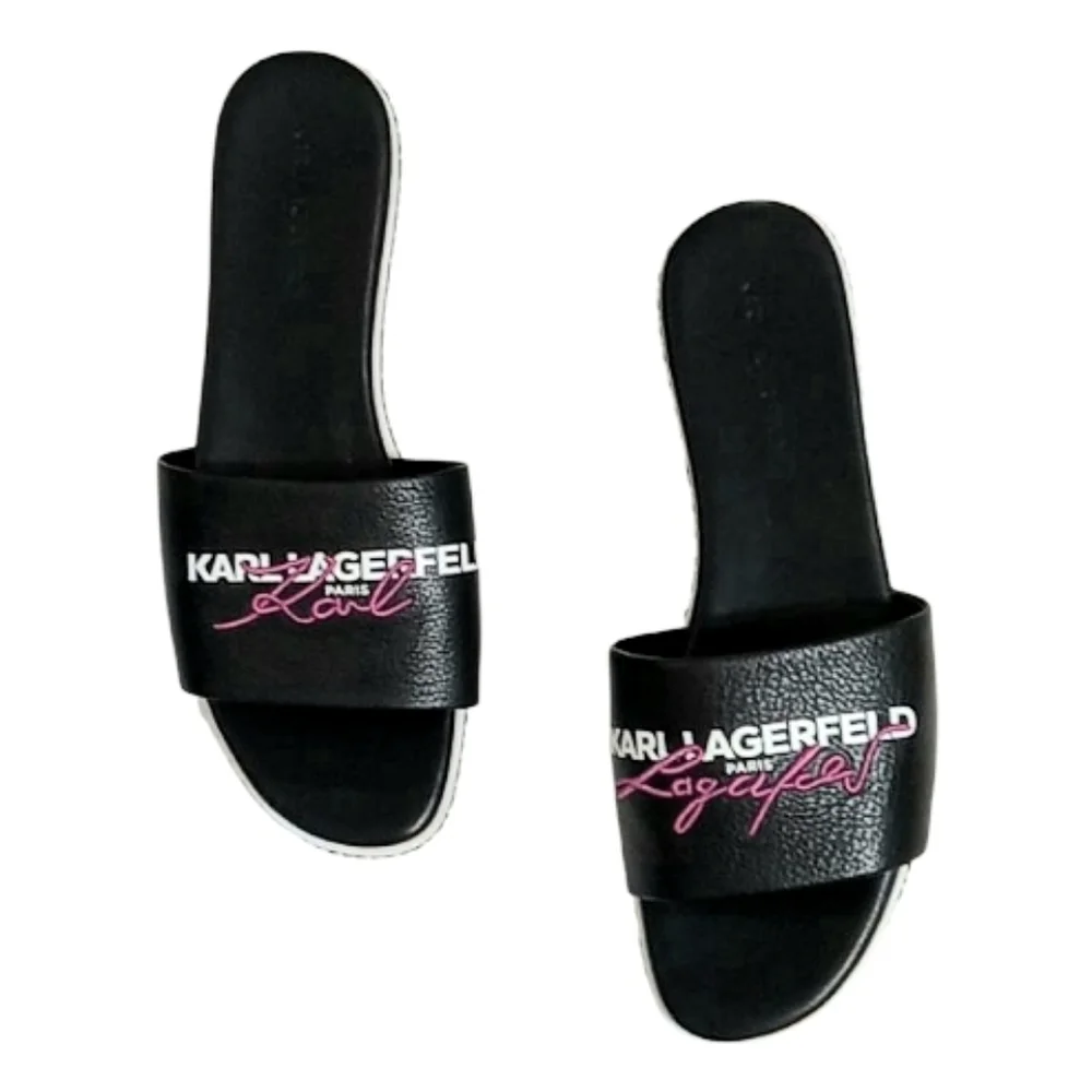 Karl Lagerfeld Beda Black Leather Logo Slides Sz 11